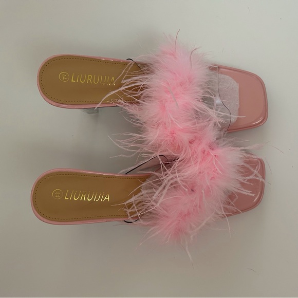 LIURUIJIA Square Toe Feathers High Heel Fur Mules Sandals Size 44 (US 11.5) - Picture 6 of 10